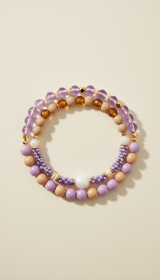 Lilac and Creamy Sand Beaded Bracelet Set