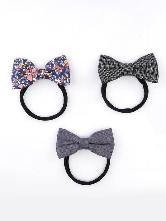 Baby Stretchable Floral Headbands - Set of 3 - Black Nylon & Cotton Bows