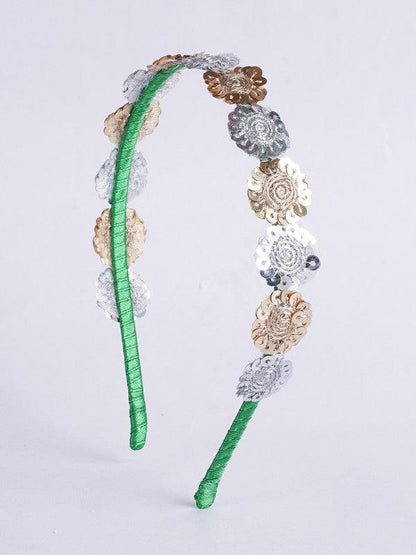 Floral Threaded Sequin Hairband for Girls & Kids – Green, Gold, Silver Choko