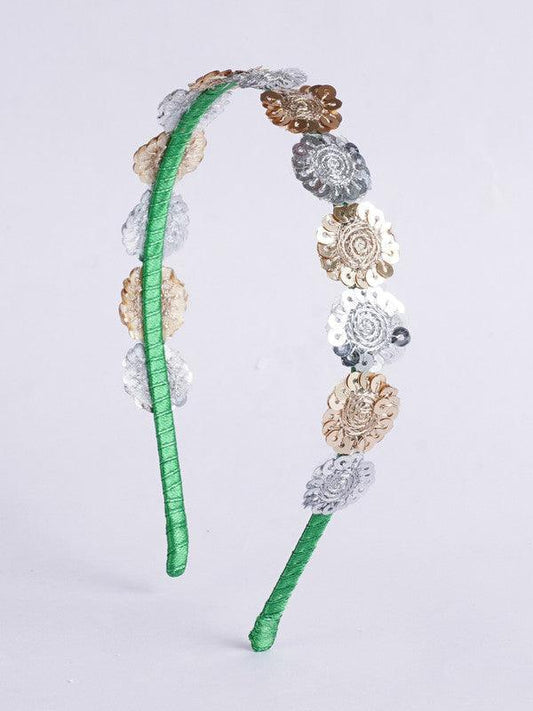 Floral Threaded Sequin Hairband for Girls & Kids – Green, Gold, Silver Choko