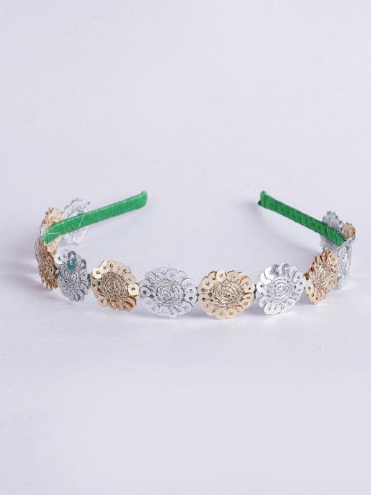 Floral Threaded Sequin Hairband for Girls & Kids – Green, Gold, Silver Choko