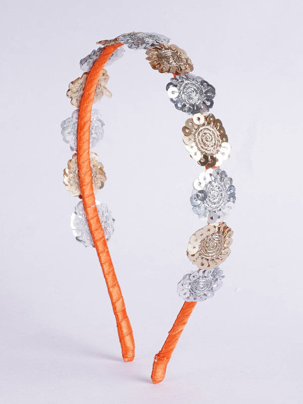 Floral threaded sequin hairband Orange Gold Silver