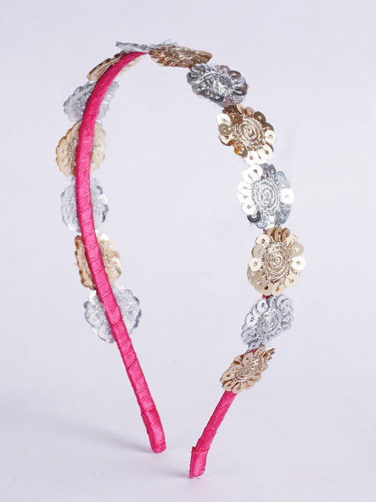 Floral Gold & Silver Sequin Hairband for Girls & Kids – Pink Satin Ribbon Choko