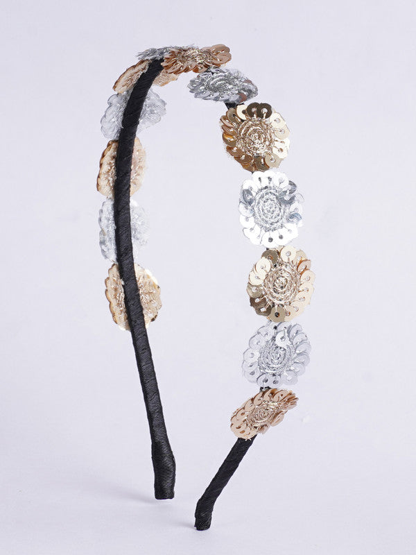 Net Floral Gold & Silver Sequin Hairband for Girls & Kids – Black Satin Base Choko