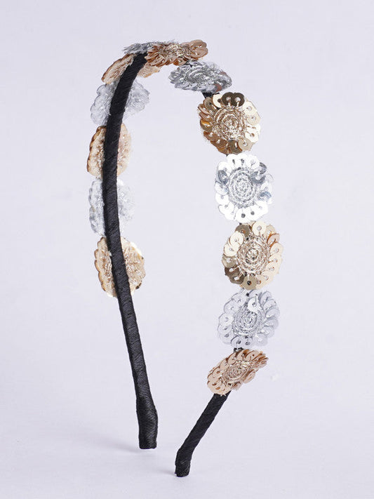 Net Floral Gold & Silver Sequin Hairband for Girls & Kids – Black Satin Base Choko