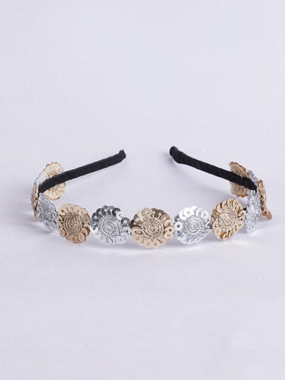 Net Floral Gold & Silver Sequin Hairband for Girls & Kids – Black Satin Base Choko