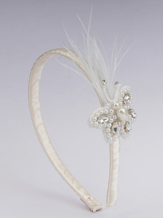 Feathered Elegance Satin Hairband for Girls & Kids - White with Crystal Butterfly
