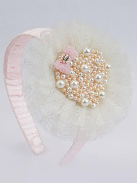Pink Satin Hair Band with Heart-Shaped Cluster for Girls & Kids - Pearls, Bow, Cream Net Choko
