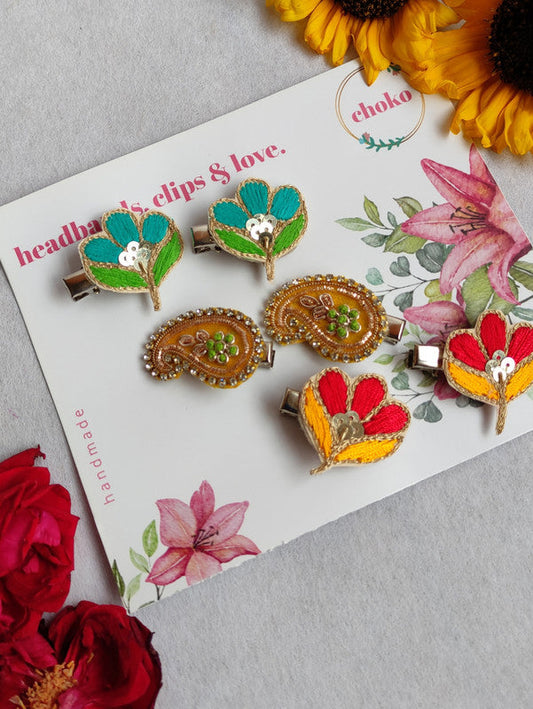 Choko Kids' Sequin & Thread Floral Hair Clips (Set of 6) - Ethnic Embroidery Choko