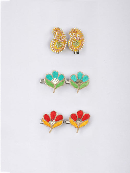 Choko Kids' Sequin & Thread Floral Hair Clips (Set of 6) - Ethnic Embroidery Choko
