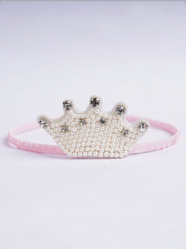 Pink Satin Ribbon Hairband with Crown Element for Girls & Kids – Pearls & Crystals Choko