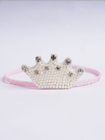 Pink Satin Ribbon Hairband with Crown Element for Girls & Kids – Pearls & Crystals Choko