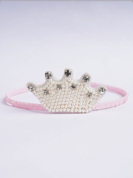 Pink Satin Ribbon Hairband with Crown Element for Girls & Kids – Pearls & Crystals Choko
