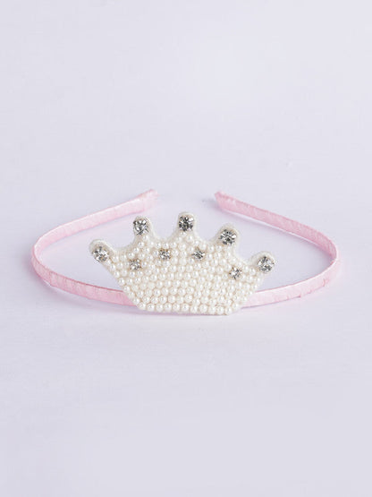 Pink Satin Ribbon Hairband with Crown Element for Girls & Kids – Pearls & Crystals Choko