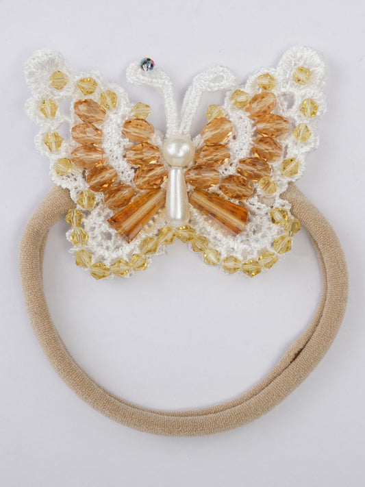 Cream Nylon Hair Tie for Babies – Butterfly Element with Crystal Beads & Pearls