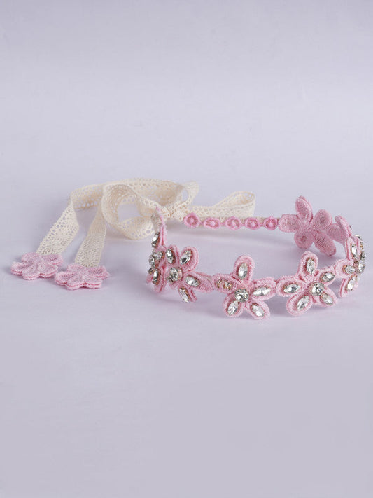 Pink Hair Band with Cotton Threaded Flower & Glass Stone for Girls & Kids - Cream Lace Detail Choko