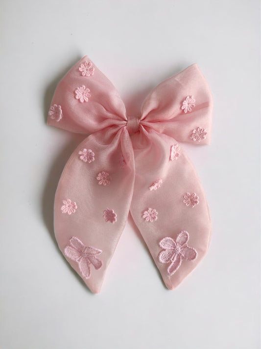 Organza Bow Alligator Hair Clip for Girls with Threaded Flower Embellishments - Pink