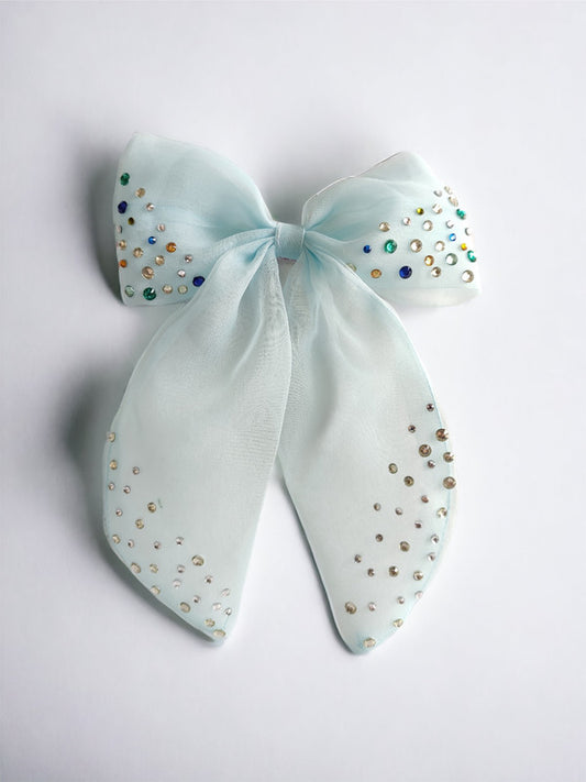 Organza Bow Hair Clip with Crystal Stone Embellishments for Girls - Blue, White, Yellow