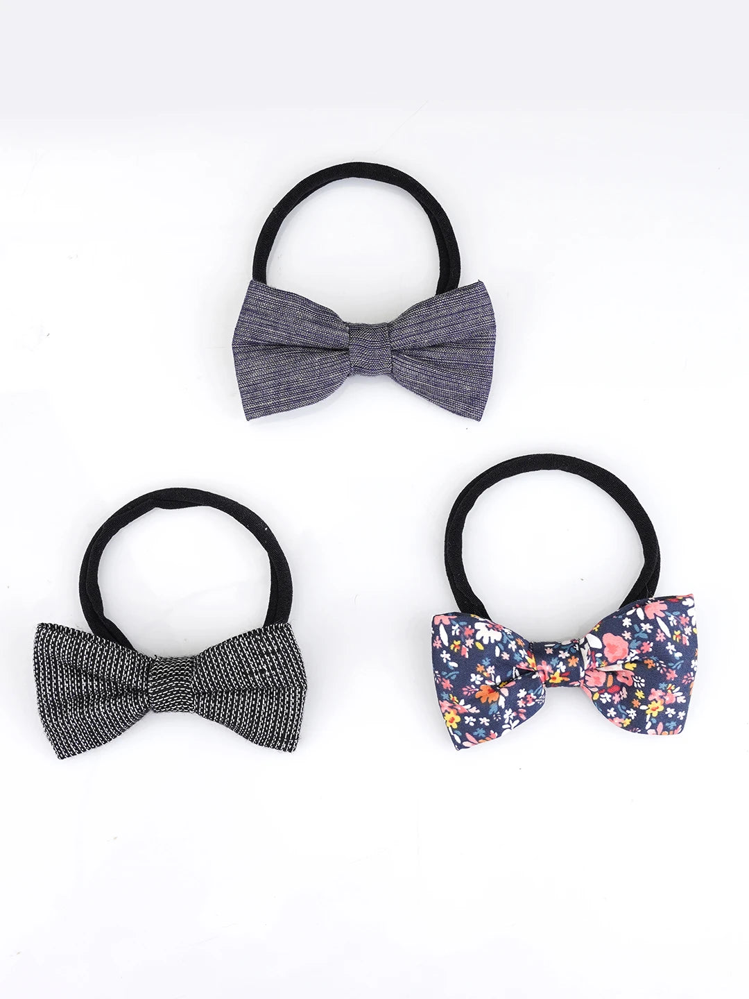 Choko Baby Stretchable Floral Headbands Set of 3 Black Nylon & Cotton Bows for Baby Girls
