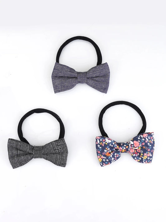 Choko Baby Stretchable Floral Headbands Set of 3 Black Nylon & Cotton Bows for Baby Girls