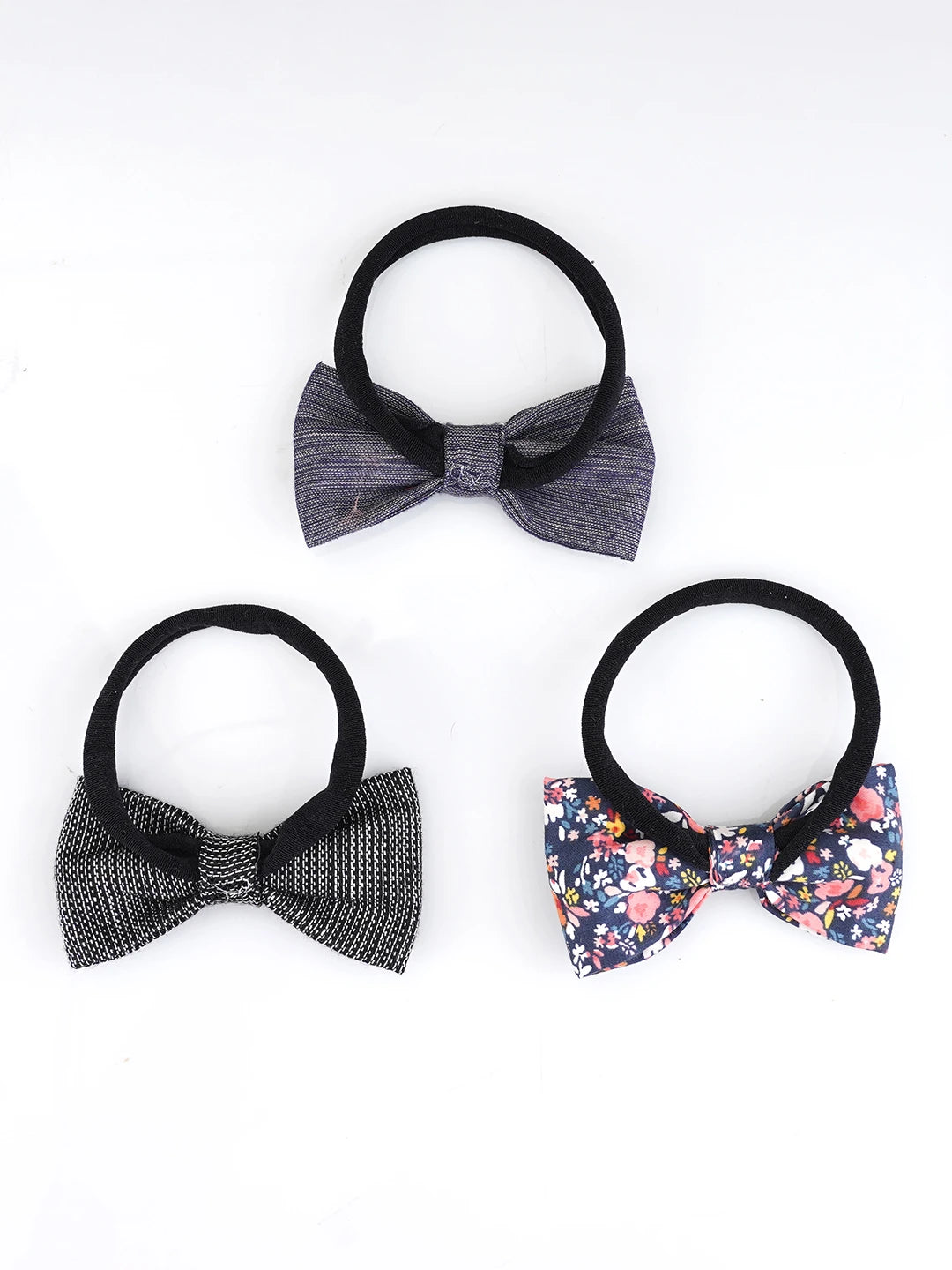Choko Baby Stretchable Floral Headbands Set of 3 Black Nylon & Cotton Bows for Baby Girls