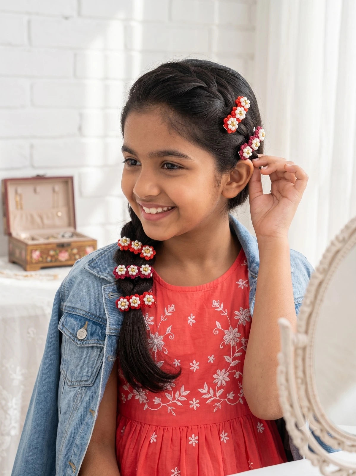 Choko Set of 6 Flowery Cotton and Pearl Hairclip Set 3 Pairs (Red, Maroon, Orange) for Girls - Choko