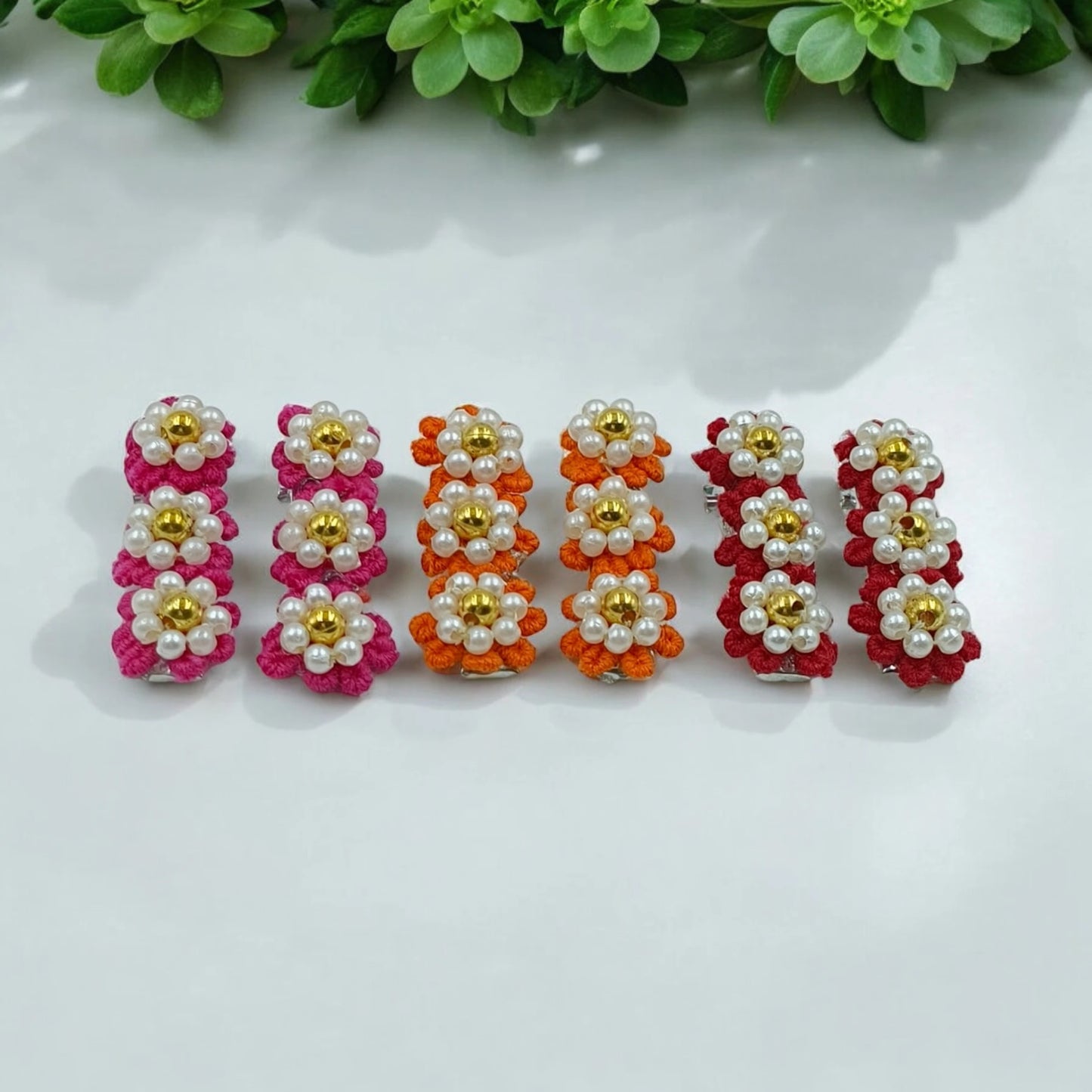 Choko Set of 6 Flowery Cotton and Pearl Hairclip Set 3 Pairs (Red, Maroon, Orange) for Girls - Choko