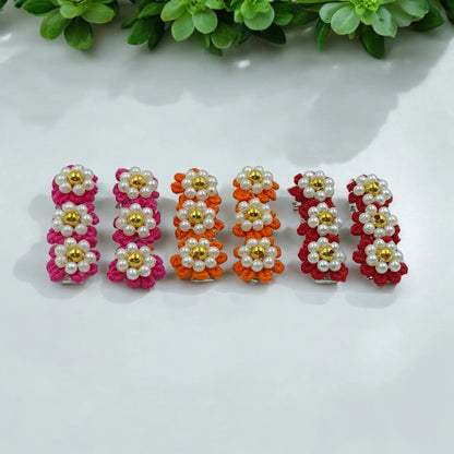Choko Set of 6 Flowery Cotton and Pearl Hairclip Set 3 Pairs (Red, Maroon, Orange) for Girls - Choko