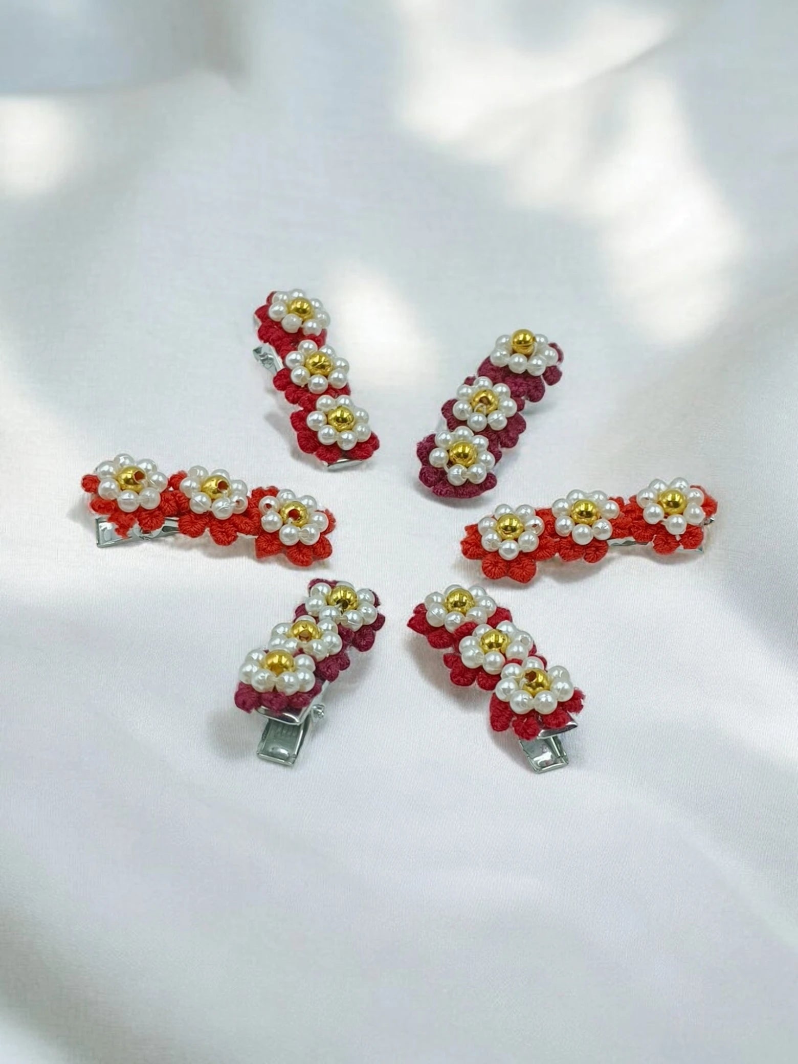 Choko Set of 6 Flowery Cotton and Pearl Hairclip Set 3 Pairs (Red, Maroon, Orange) for Girls - Choko
