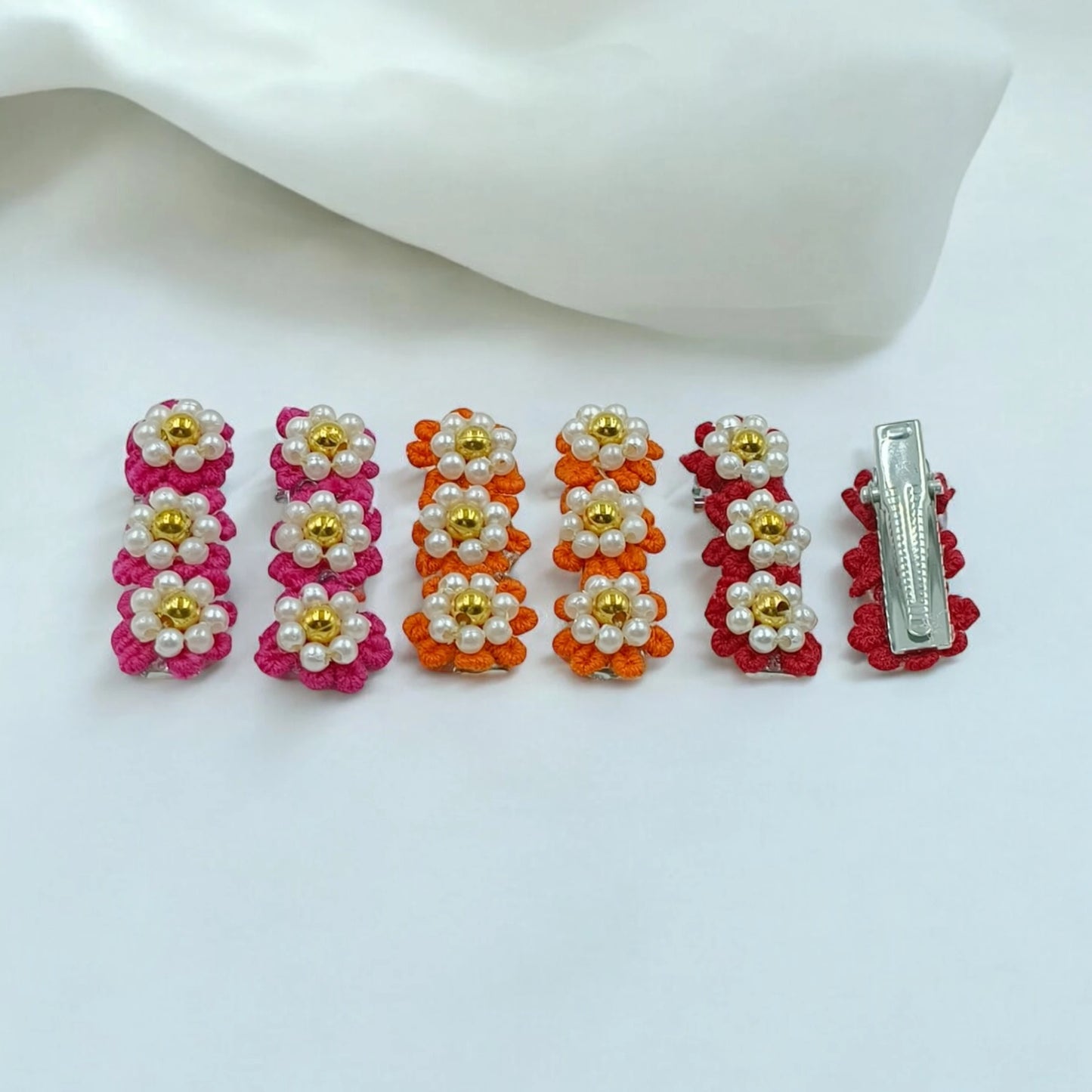 Choko Set of 6 Flowery Cotton and Pearl Hairclip Set 3 Pairs (Red, Maroon, Orange) for Girls - Choko