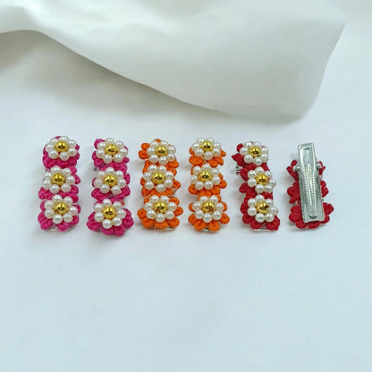 Choko Set of 6 Flowery Cotton and Pearl Hairclip Set 3 Pairs (Red, Maroon, Orange) for Girls - Choko
