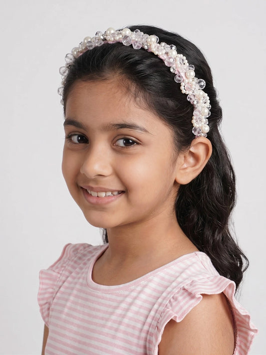 Satin Hair Band with Pearl & Glass Bead Embellishments for Girls & Kids - Pink Florals - Choko