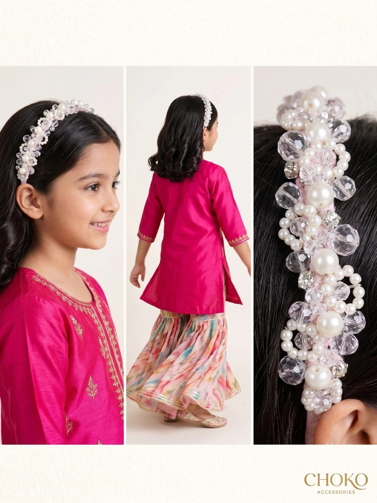 Satin Hair Band with Pearl & Glass Bead Embellishments for Girls & Kids - Pink Florals - Choko