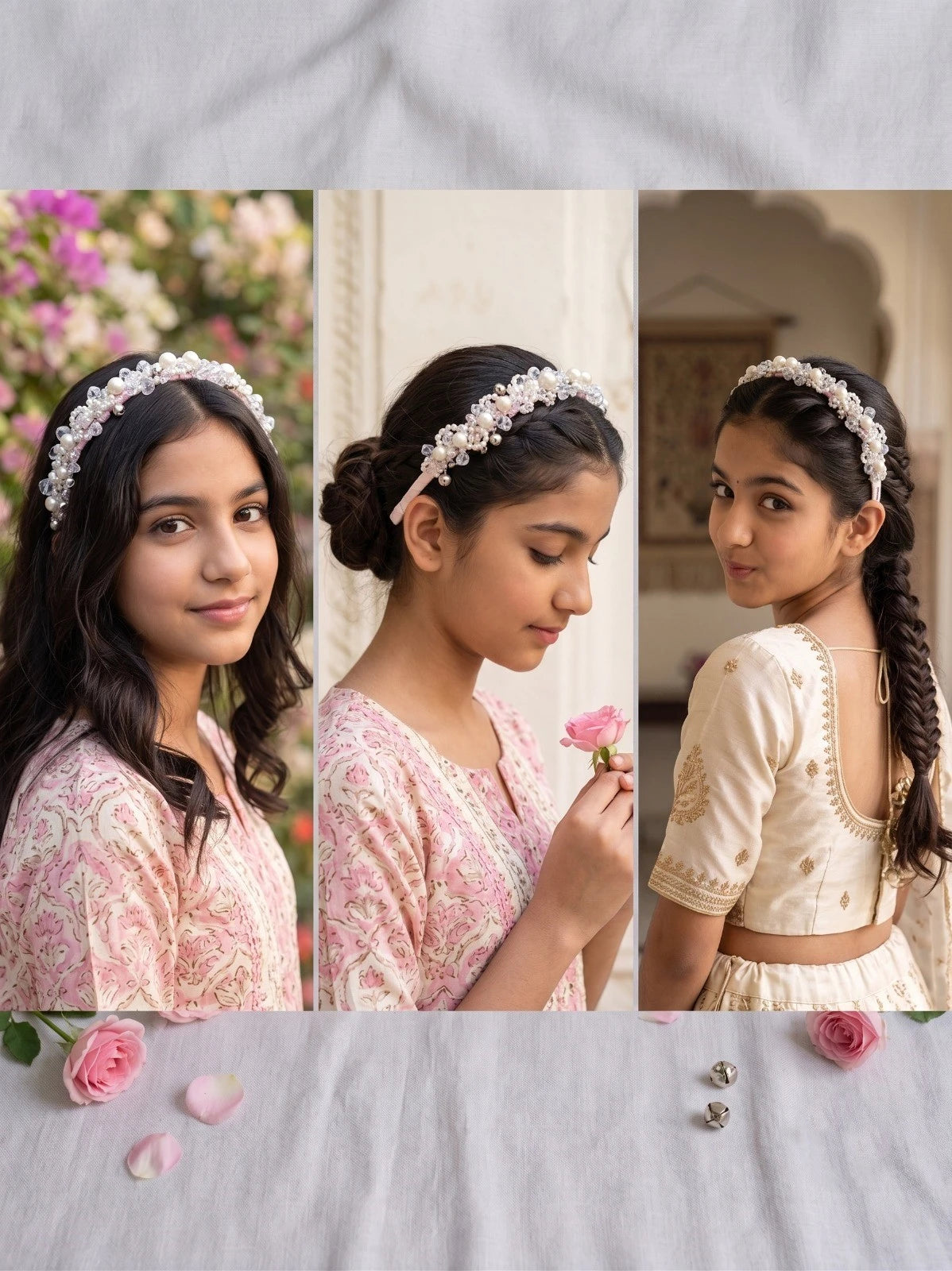 Satin Hair Band with Pearl & Glass Bead Embellishments for Girls & Kids - Pink Florals - Choko