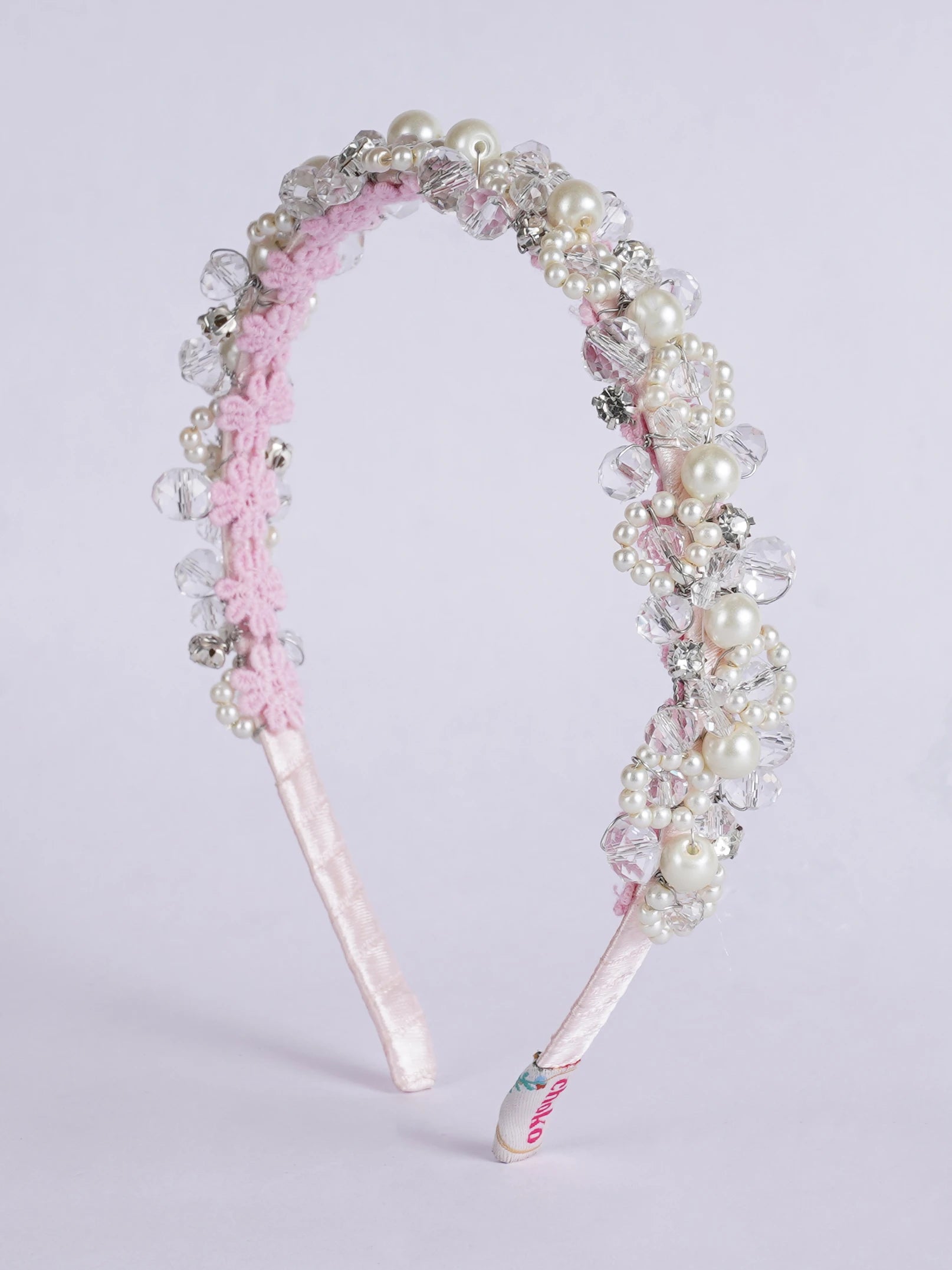 Satin Hair Band with Pearl & Glass Bead Embellishments for Girls & Kids - Pink Florals - Choko