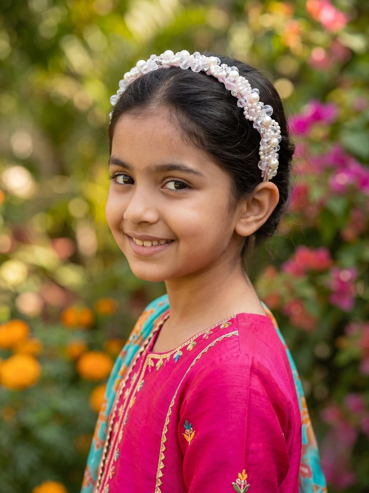 Satin Hair Band with Pearl & Glass Bead Embellishments for Girls & Kids - Pink Florals - Choko
