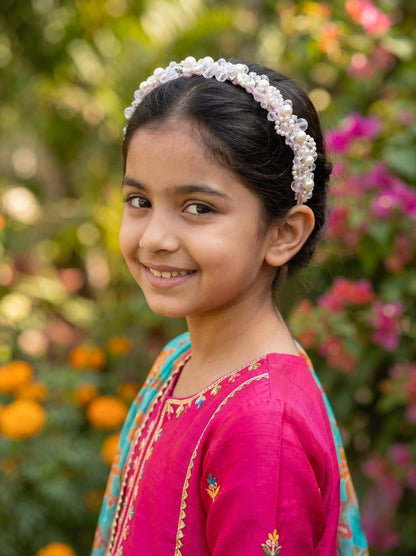 Satin Hair Band with Pearl & Glass Bead Embellishments for Girls & Kids - Pink Florals - Choko