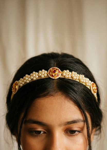 Jadau Beads Pearl Flowers Hairband – White, Red | Hairband for Girls & Kids