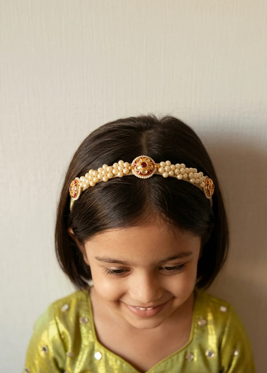 Jadau Beads Pearl Flowers Hairband – White, Red | Hairband for Girls & Kids