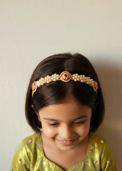 Jadau Beads Pearl Flowers Hairband – White, Red | Hairband for Girls & Kids