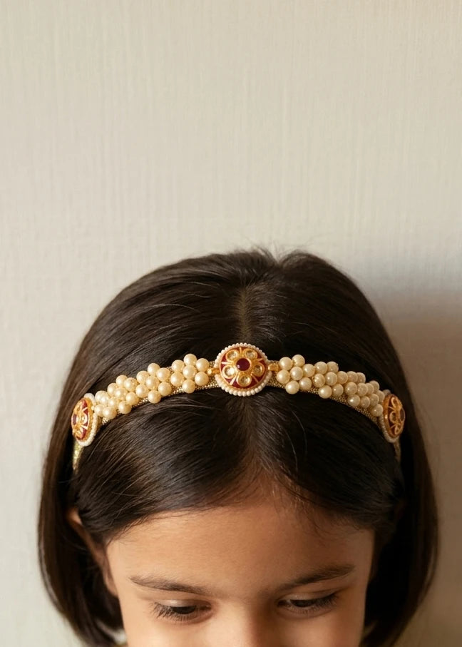 Jadau Beads Pearl Flowers Hairband – White, Red | Hairband for Girls & Kids