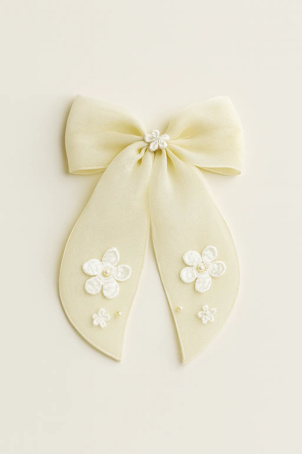 Lemony Organza Bow Hair Clip for Girls & Kids - Cotton Flowers & Pearls - Choko