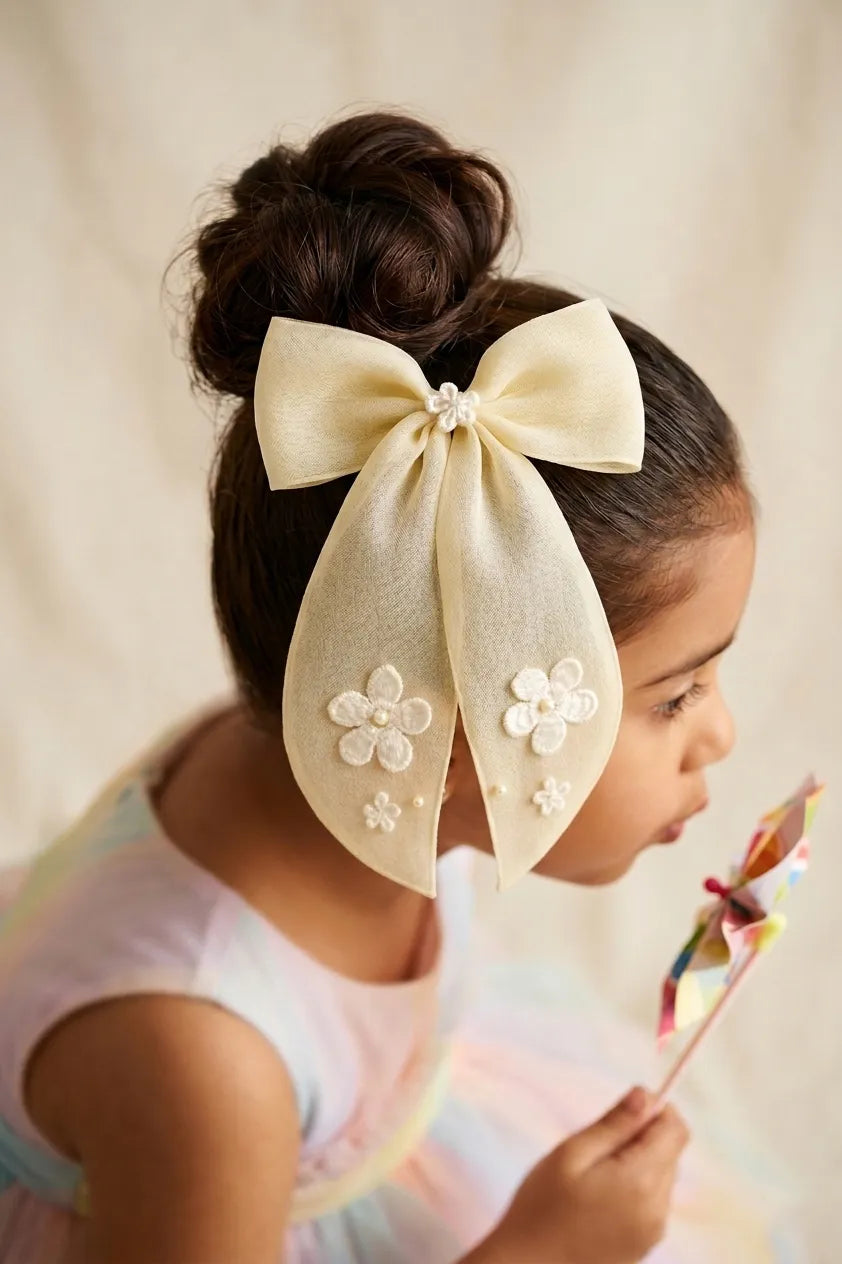 Lemony Organza Bow Hair Clip for Girls & Kids - Cotton Flowers & Pearls - Choko