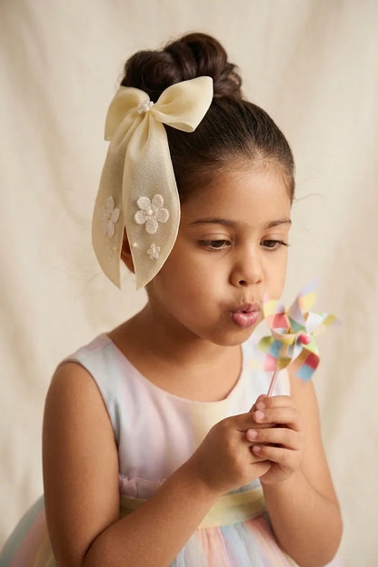 Lemony Organza Bow Hair Clip for Girls & Kids - Cotton Flowers & Pearls - Choko