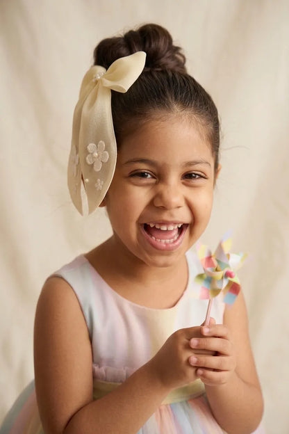 Lemony Organza Bow Hair Clip for Girls & Kids - Cotton Flowers & Pearls - Choko