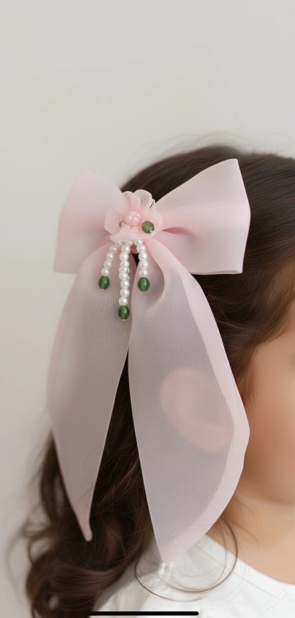 Satin Bow Hair Clip for Girls & Kids - Baby Pink, Pearl Floral Accent - Choko