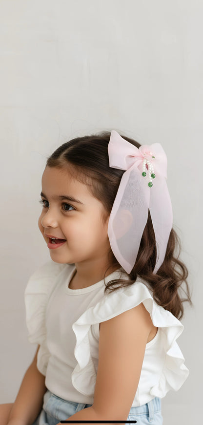Satin Bow Hair Clip for Girls & Kids - Baby Pink, Pearl Floral Accent - Choko