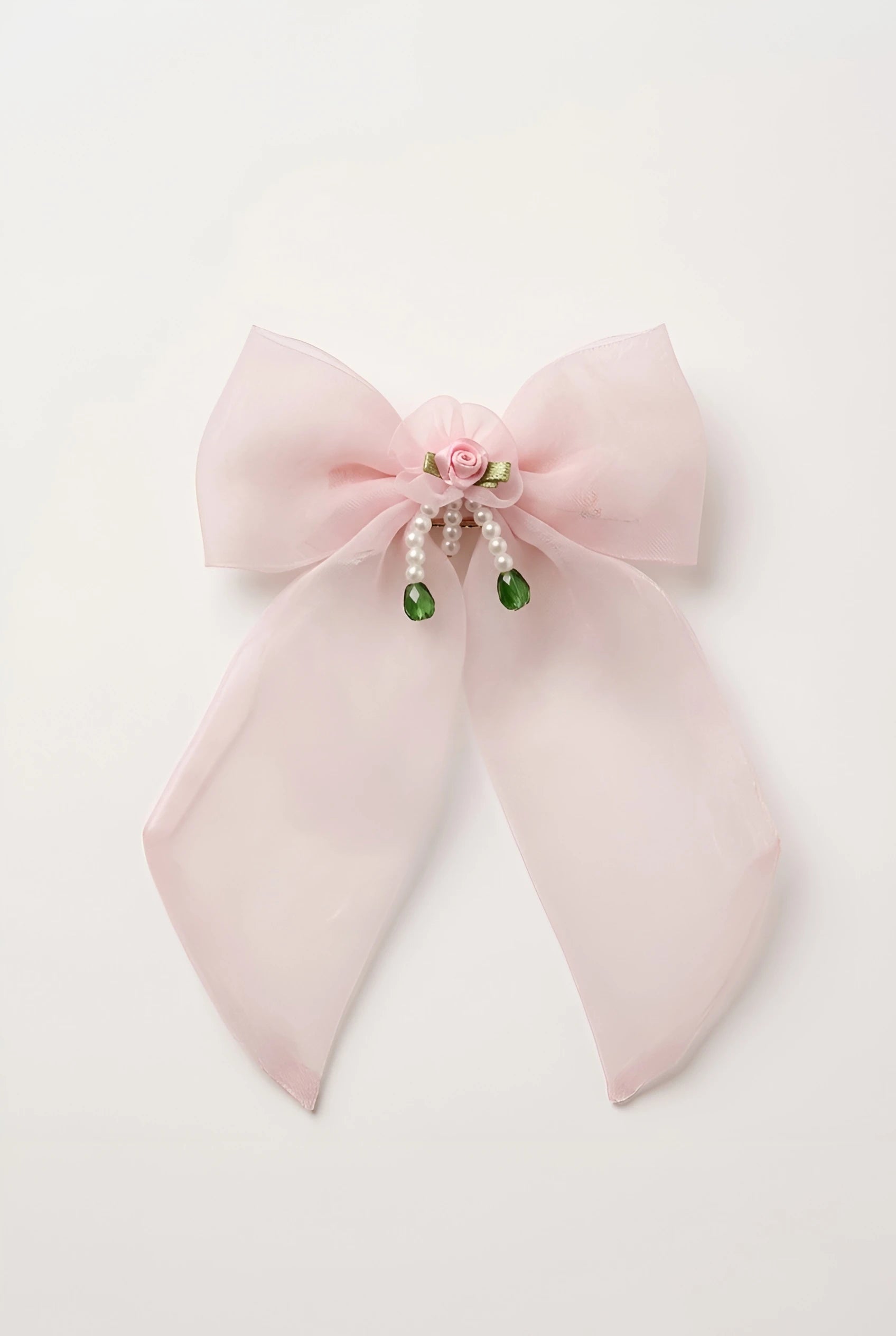 Satin Bow Hair Clip for Girls & Kids - Baby Pink, Pearl Floral Accent - Choko