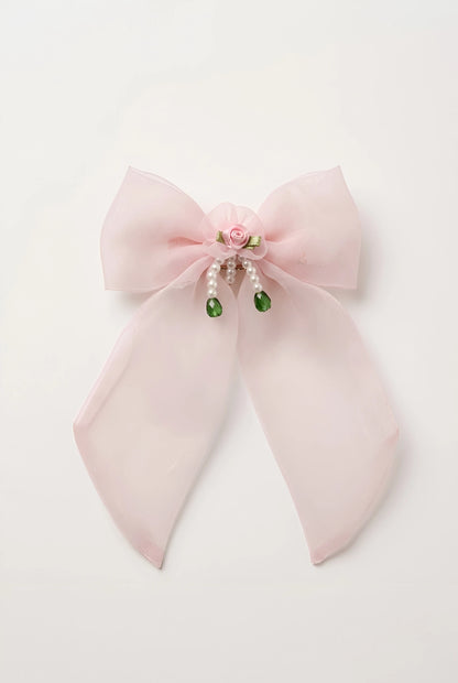 Satin Bow Hair Clip for Girls & Kids - Baby Pink, Pearl Floral Accent - Choko