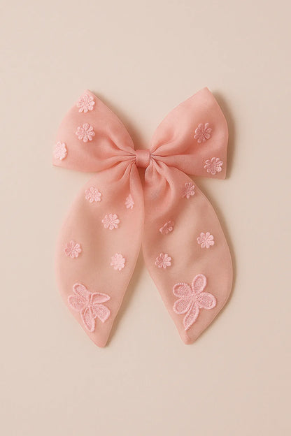 Choko Organza Bow Alligator Hair Clip with Threaded Flower Embellishments for Girls — Pink - Choko